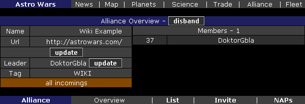 'Disband alliance' and 'Update leader' page of the Alliance Screen